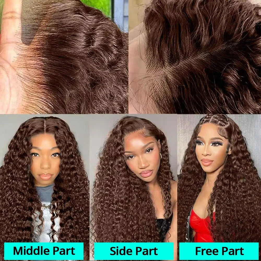 Schokobraune Deep Wave 13x6 Lace Front Perücke Echthaar Wasserwelle 250% Dichte Lockige Perücke Echthaar Braune Perücken Vorgezupft