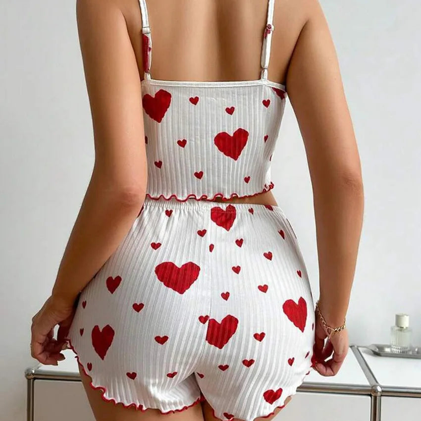 Ensemble de pyjama pour femme 2 pièces : débardeur court et short - Tailles S M L - Blanc - Aéré, doux, décontracté, motif Love