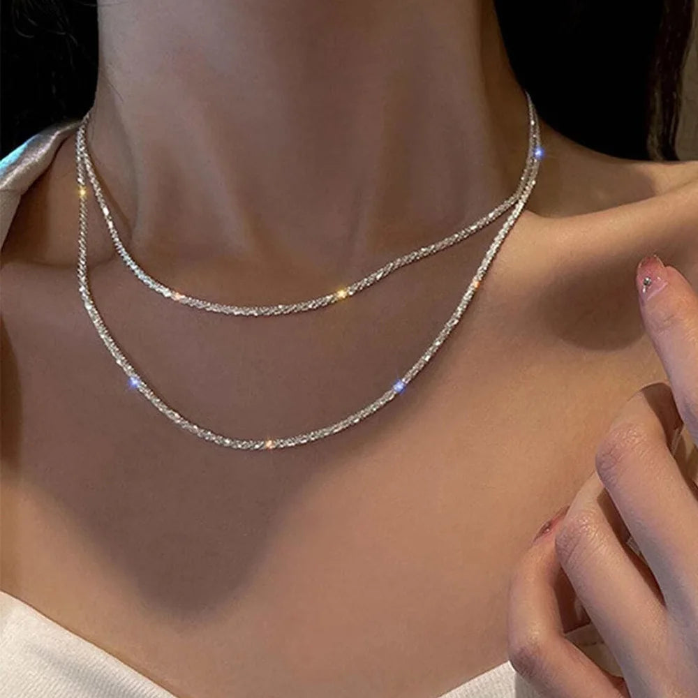 Fashion Simple Sparkling Necklace For Women Silver Color Clavicle Chain Choker Necklace Female Korean Wedding Party Jewelry Gift