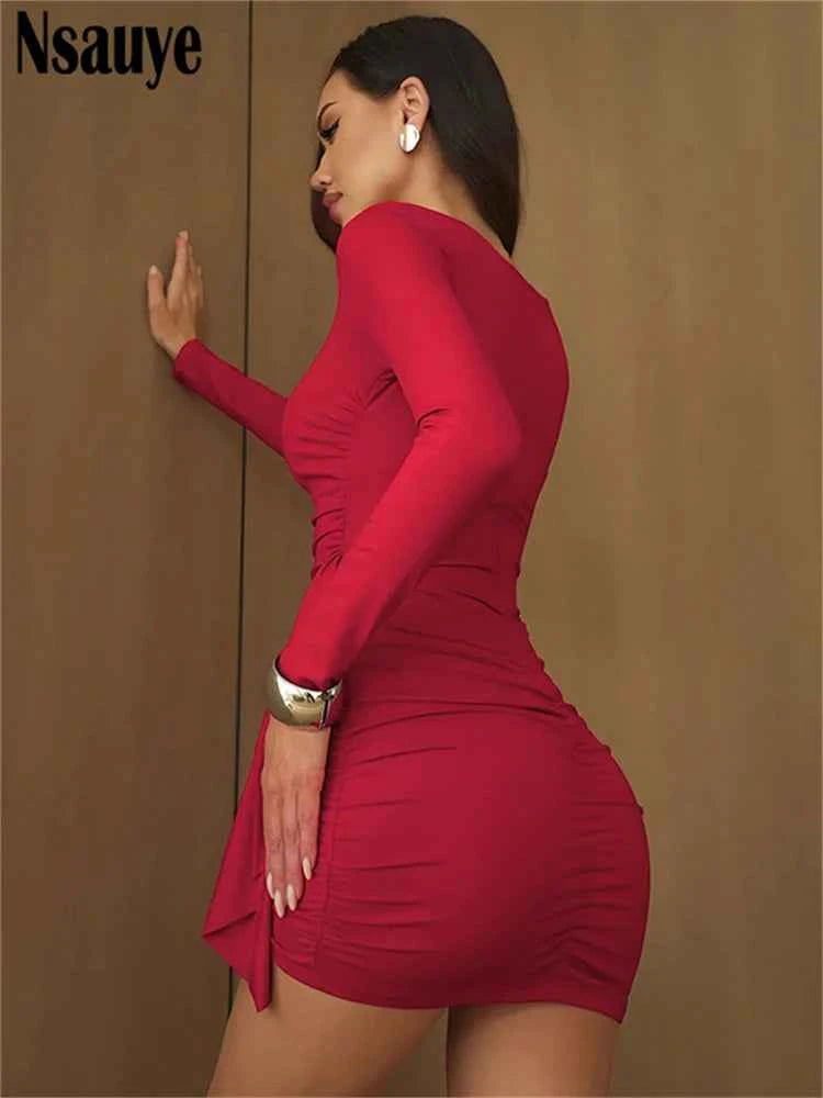 Nsauye New Fashion Women Short Wrap High Waisted Mini Winter Dress 2025 Outfits Sexy Night Club Party Evening Long Sleeve Dress