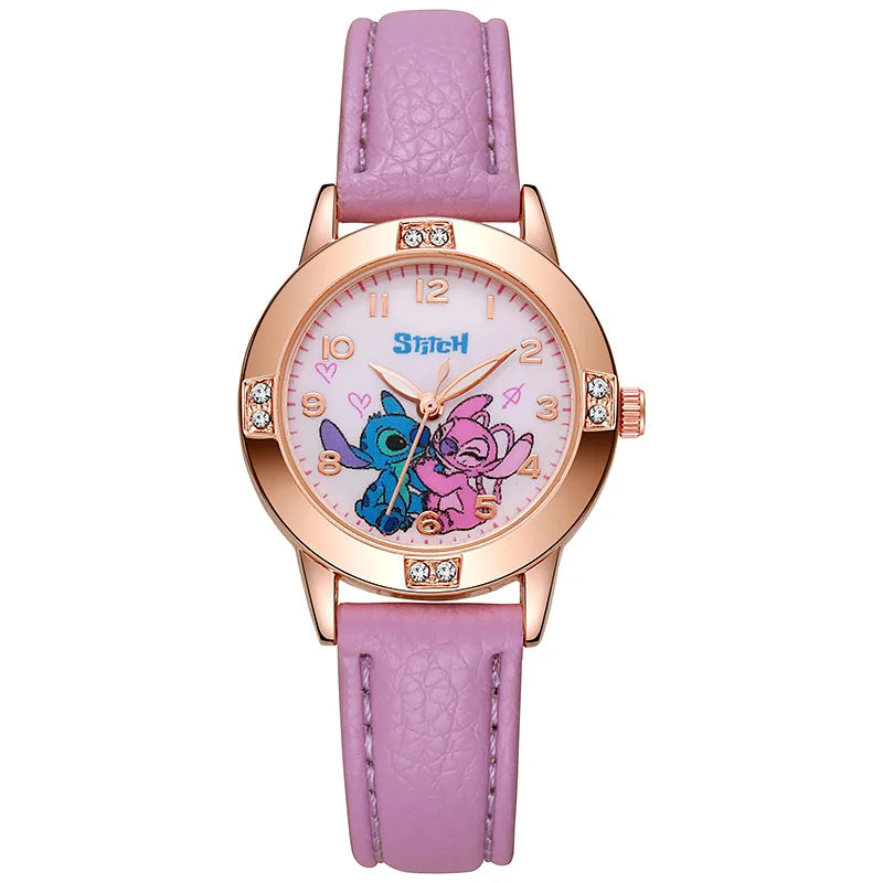 New Cartoon Pattern Stitch Girls Watches for Kids Leather Strap Children Watch with Rhinestone Dial reloj stich Exquisite Gift