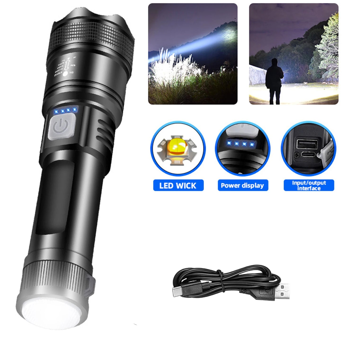 Powerful P70 Led Flashlights 5000LM Ultra Bright Tactical Light Emergency Spotlights Telescopic Zoom Light Builtin 18650 Battery