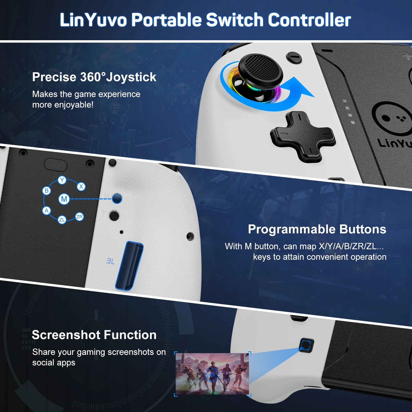 Manette sans fil LinYuvo KS37 Meteor Light pour Switch/Switch OLED, avec fonctions programmables, gyroscope 6 axes, Turbo et vibration