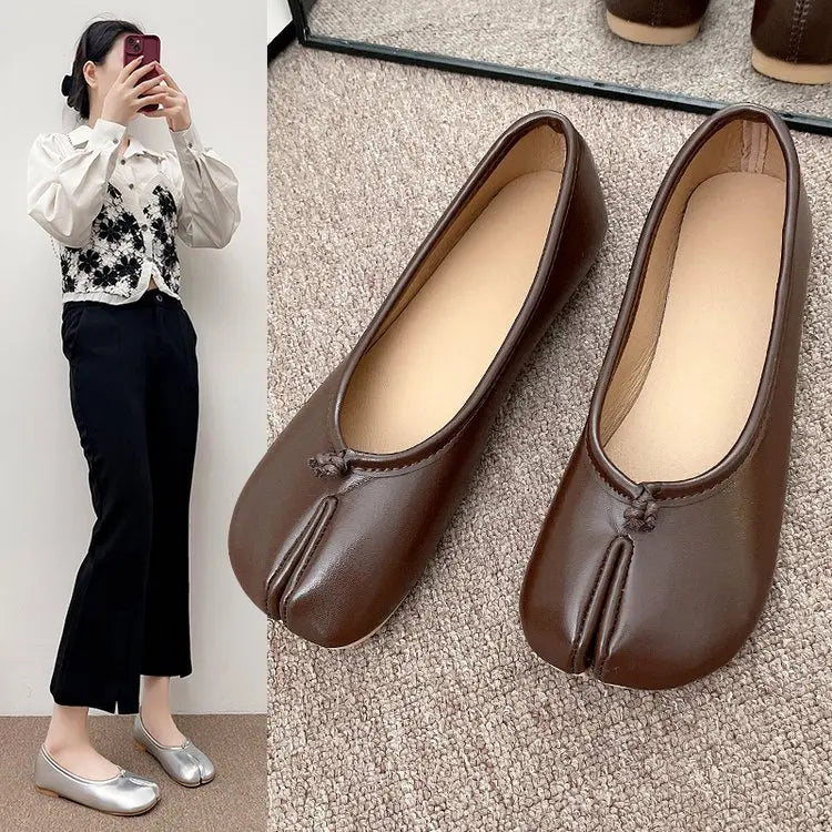 Japanese Style Tabi Ninja Shoes Women Cozy Leather Flats Split Hoof Toe Loafers Femme Mary Jeans Mocasines Ladies Ballerina Shoe