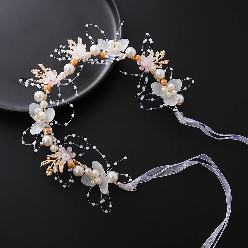 Bride headband pearl flower headband children's flower wreath super fairy princess hair accessory headband headband ribbon