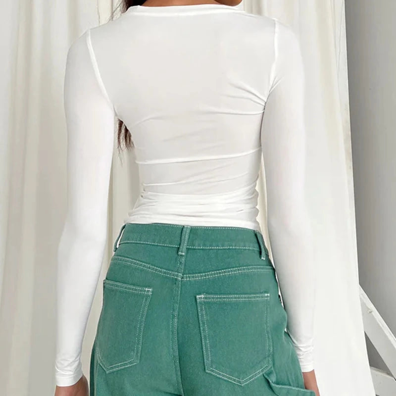 Damenbekleidung Langarm-T-Shirt Slim Fit Tops Damen Rundhals Enganliegendes T-Shirt Streetwear 2024 Y2K Qtraf 2408