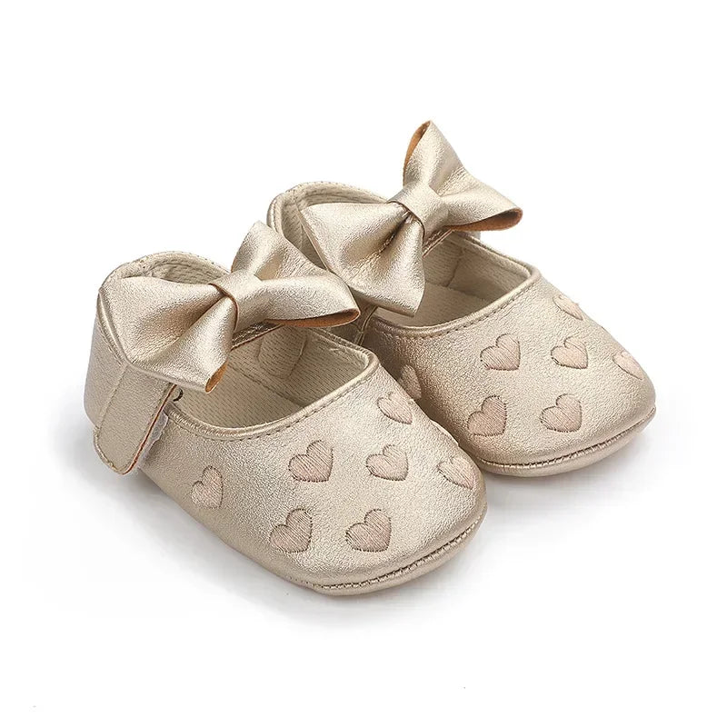 Baby-Mädchen Lauflernschuhe für drinnen 0-18 Monate, weiche Baumwollsohle, rutschfest, mit Schleifenstickerei, Klettverschluss-Schühchen