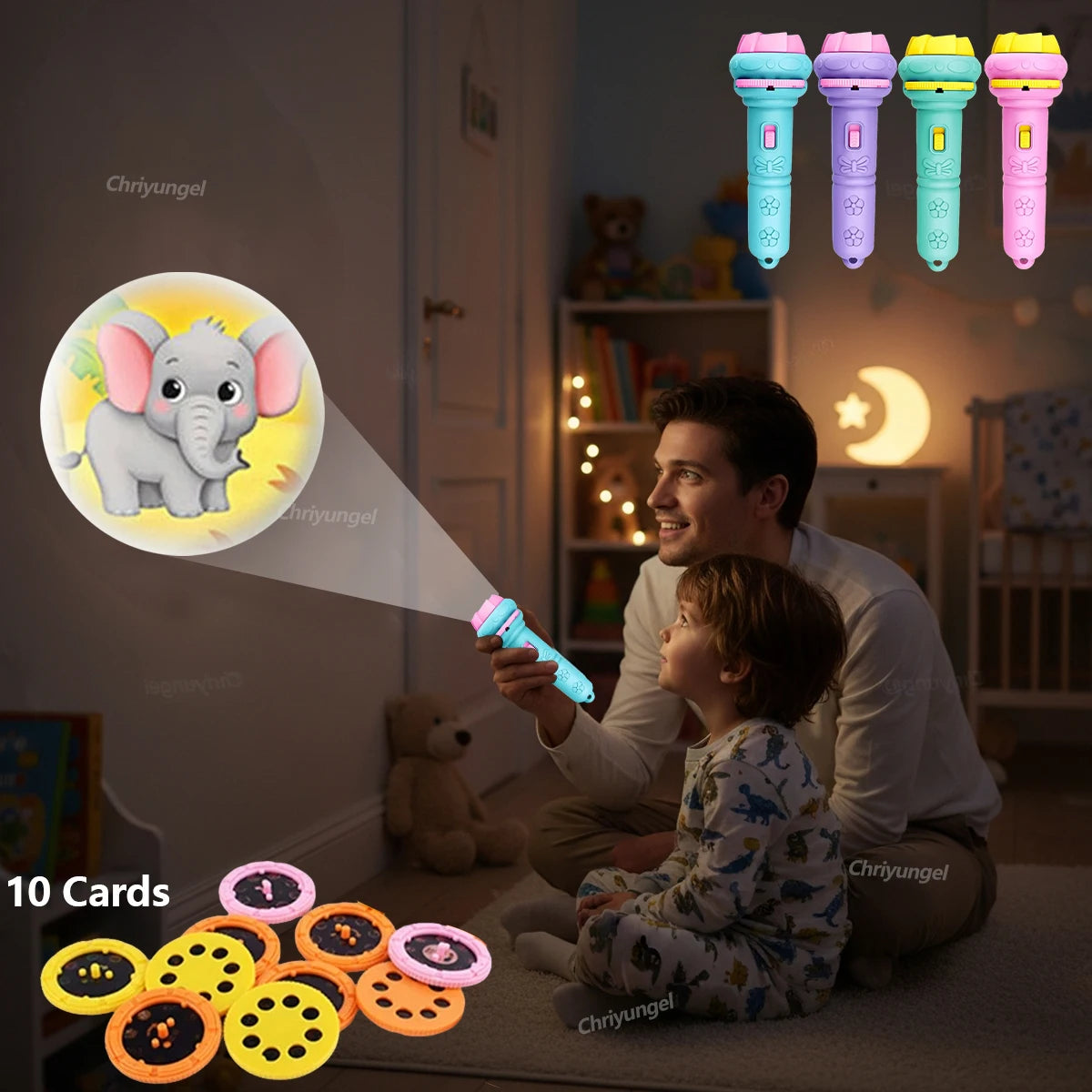 Kinder-Projektor-Taschenlampe mit 10 Karten 80 Bildern Cartoon Nachtlicht Projektor Spielzeug für Kinder Gute-Nacht-Geschichte Erziehungsgeschenk