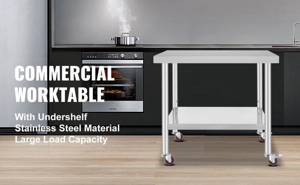 SucceBuy Stainless Steel Kitchen Prep Table With 4 Caster Wheels & Backsplash Loads Up to 100-300KG for Home Storage Rack Dining
