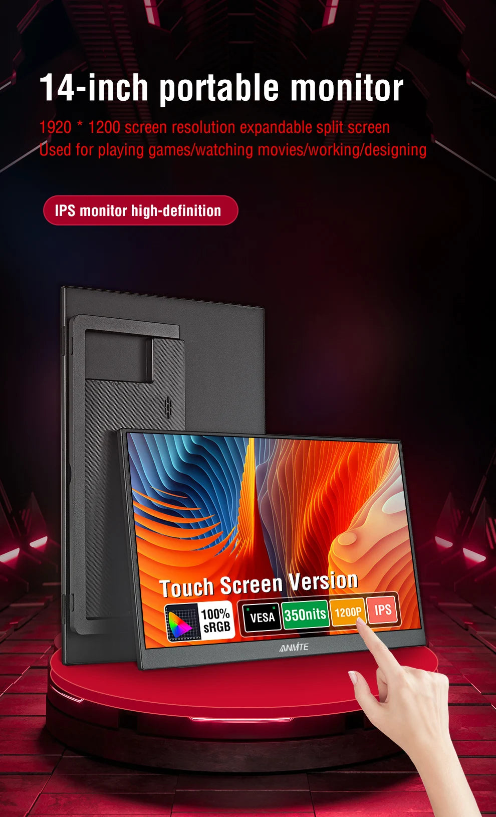 14 Inch Portable  Touch Monitor Non-touch optional 16:10 400cd/m2 Gaming Computer Expand Display For XBox PS4/5 Switch Loptop - Shoppiline