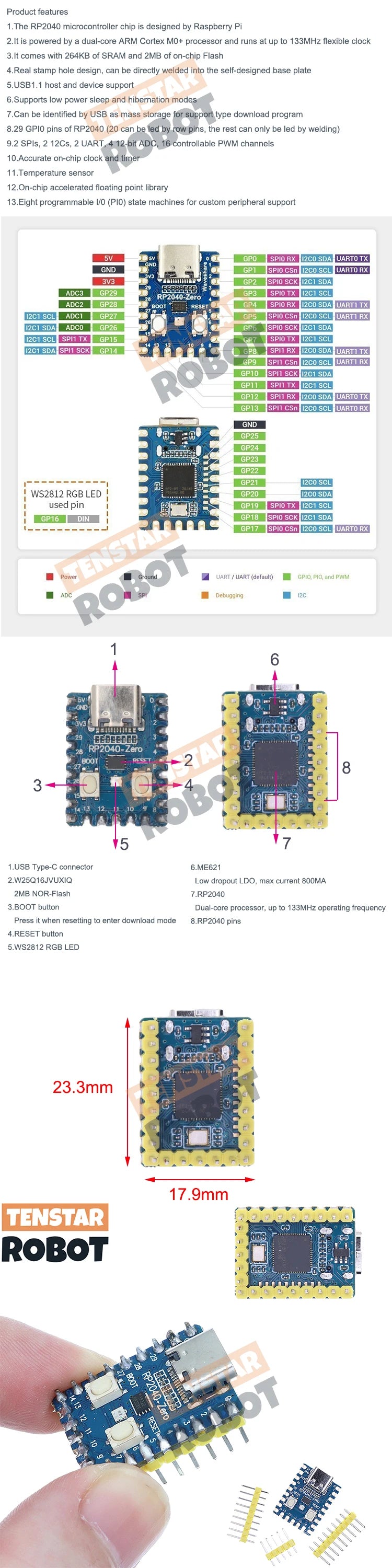 TENSTAR RP2040-Zero RP2040 pour Raspberry Pi Microcontrôleur PICO Carte de Développement Module Dual-Core 2MB Flash