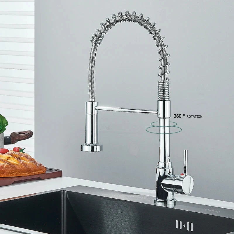 Chrome Spring Pull Down Kitchen Faucets Stream Spray Head Hot Cold Water Tap Stainless steel Rotation Kitchen Mixer Tap Crane - Shoppiline