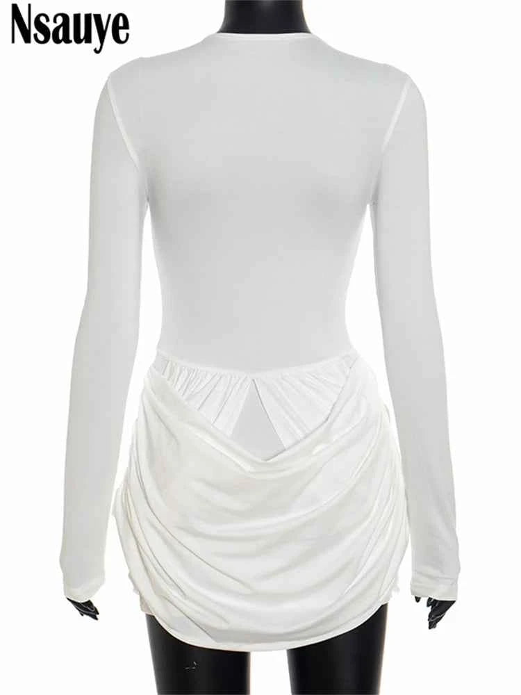 Nsauye Autumn Winter Women 2025 Sexy Night Club Mini Wrap Hollow Out Party Dress Fashion Elegant Evening Short Dress Long Sleeve