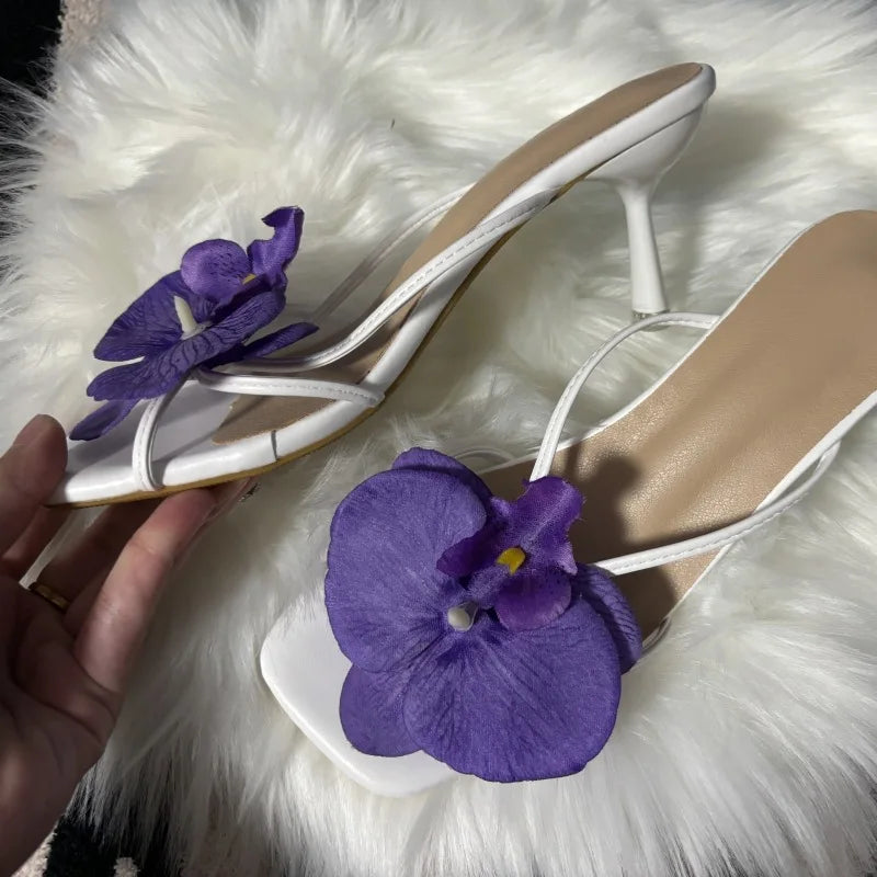 Orchid Flower Summer New High Heeled Women White Pink Blue Purple Floral Heels Square Toe Prom Slipper Slingback Shoes for Women