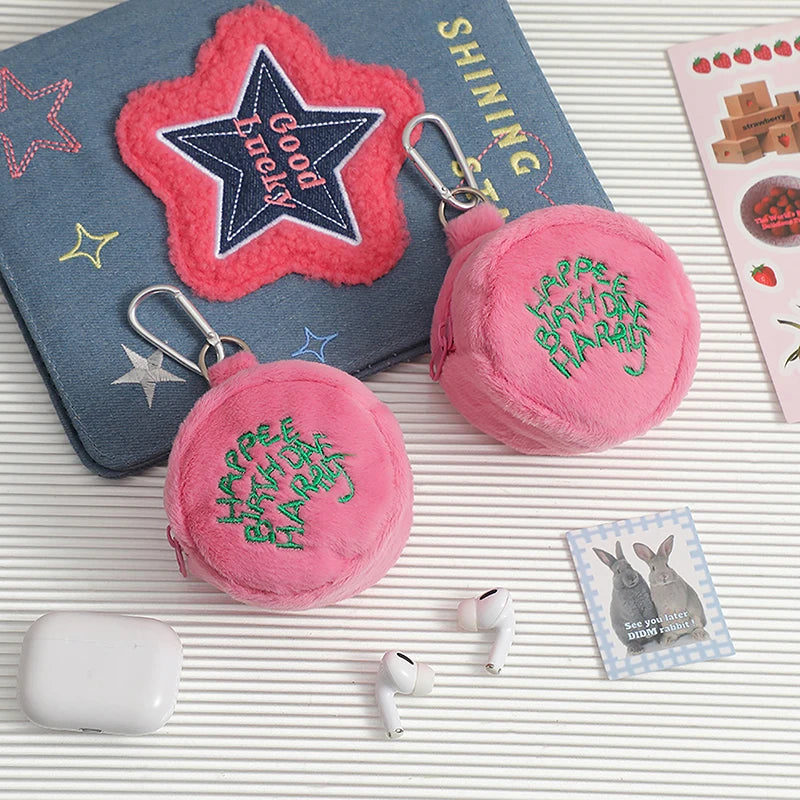 Rosa Mini-Münz-Täschchen Kopfhörerkabel-Aufbewahrungstasche Kawaii Flecken Süße Plüsch-Harries Tragbare Geldbörse Münzbeutel Kuchen-Tasche