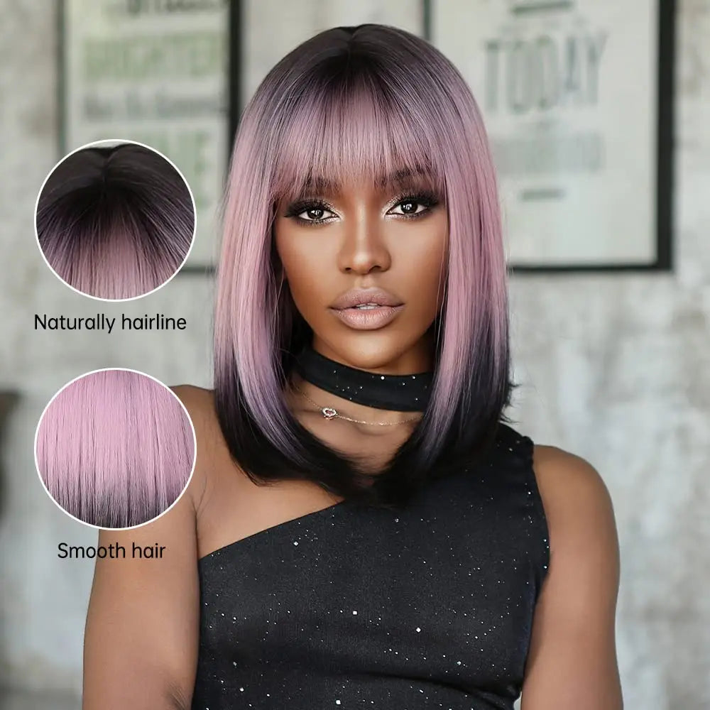 Ombre Pink Black Wigs For Women with Bangs Cosplay Colorful Wigs Synthetic Layered Hair Wigs For Daily Party/Halloween Use