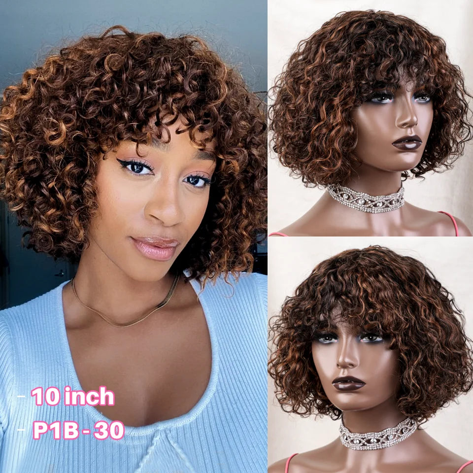 Perruques de cheveux humains Jerry Curly courtes coupe Pixie Bob avec frange pour femmes à porter, Péruvienne, mèches miel, perruques Water Wave