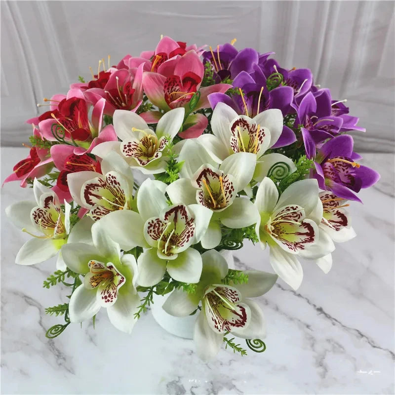 10Pcs White Silk Orchid Bouquet, Faux Flowers for DIY Wedding Decor, Table & Vase Decoration