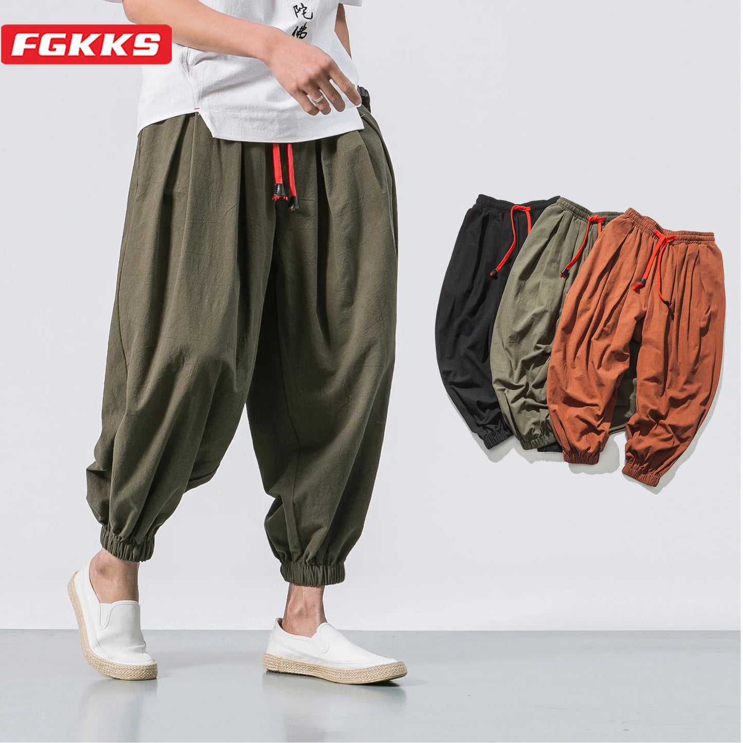 FGKKS Printemps Homme Lâche Sarouel Chinois Lin Surpoids Jogging Haute Qualité Marque Décontracté Pantalon Grande Taille Homme
