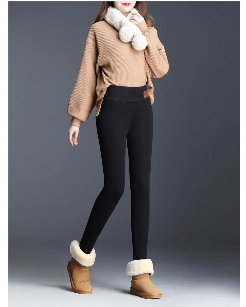 Women High Waist Thicken Fleece Thermal Leggings Winter Warm Slim Elastic Black Sexy Translucent Tight Pantyhose Pants