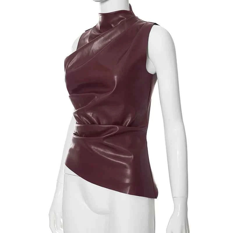 Burgundy Leather Tops Women Fashion Ruched Bodycon Crop Top Summer Sexy Sleeveless Irregular Night Club Party Tanks 2024 Black