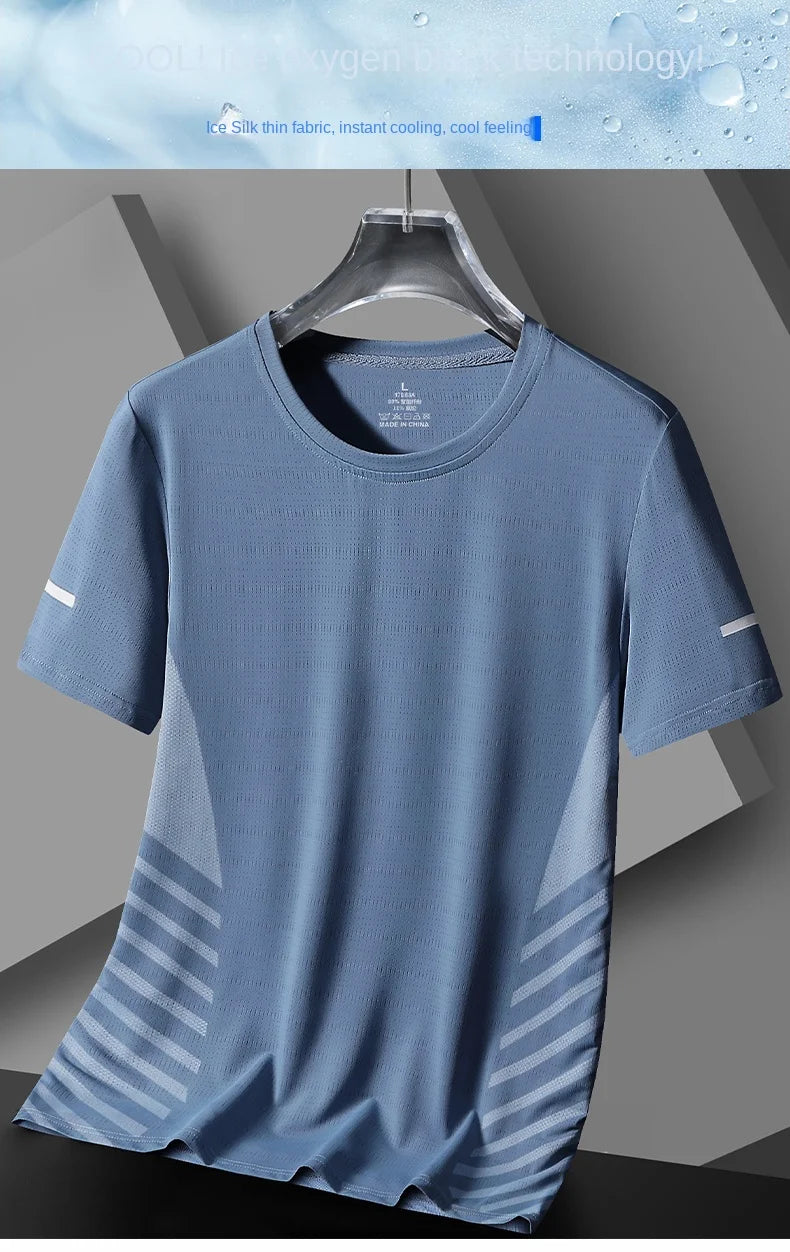 Laufendes T-Shirt Herren Sommer Eisseide Dünnes Oberteil Reflektierender Druck Schnell Trocknend Kurzarm Atmungsaktives Fitness Sport T-Shirt 5XL