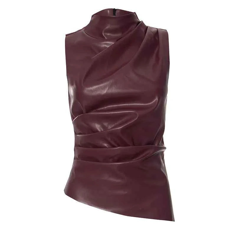 Burgundy Leather Tops Women Fashion Ruched Bodycon Crop Top Summer Sexy Sleeveless Irregular Night Club Party Tanks 2024 Black
