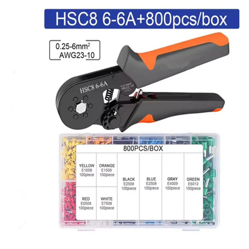 Hexagonal Self-Adjustable Ratchet Ferrule Crimping Tool Kit 23-10AWG 0.25-6mm² Crimper Kit with 400-2000pcs Wire Terminals - Shoppiline