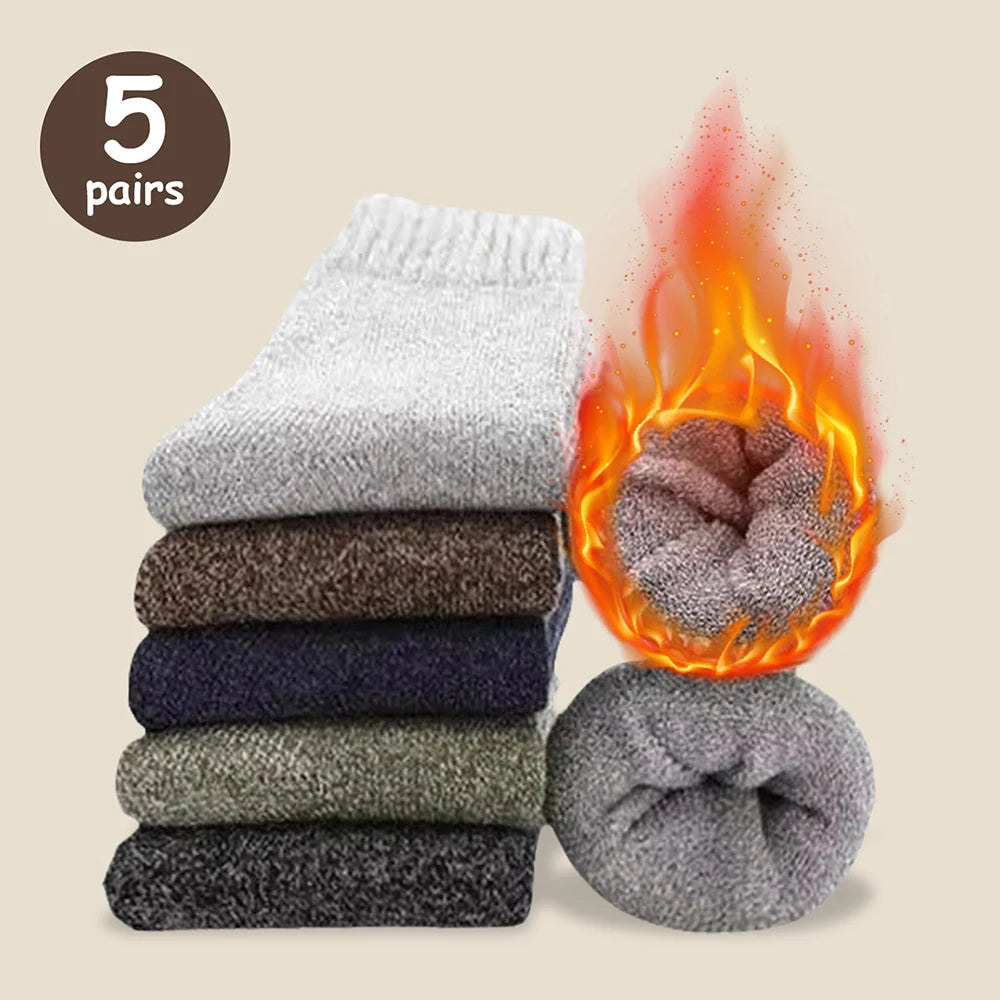 3/5 Pairs Men's Warm Socks, Thick Towel Mid-Calf Socks, Anti-Cold Snow Boots Socks Elastic Solid Color