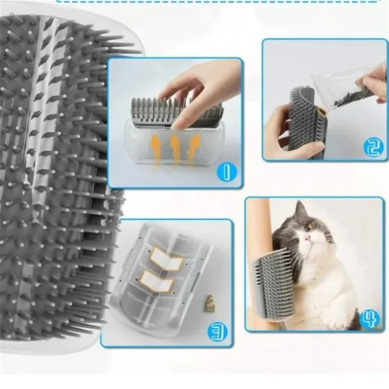 Wall Mount Corner Cat Self Groomer Comb Ergonomic Pet Massage Hair Remover Brush Space Saving Indoor Kitten Scratching Toy Easy