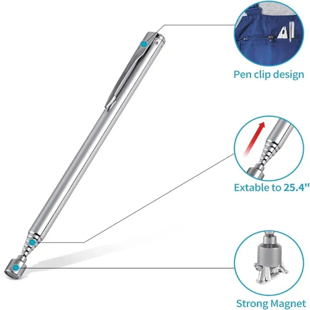 Extendable Pickup Rod Stick Portable Rotatable Silver Magnetic Pickup with Retractable Pen Clip Magnet Suction Rod Hand Tools