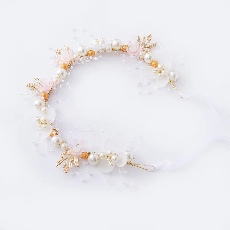 Bride headband pearl flower headband children's flower wreath super fairy princess hair accessory headband headband ribbon