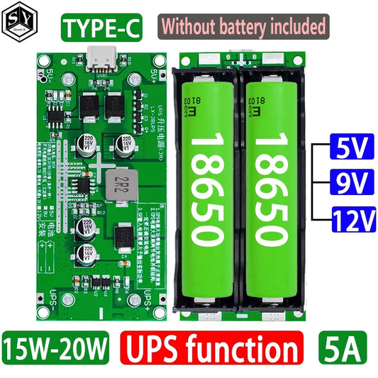 Type-C 15W 3A 18650 Lithium Battery Charger Module DC-DC Step Up Booster Fast Charge UPS Power Supply / Converter 5V 9V 12V