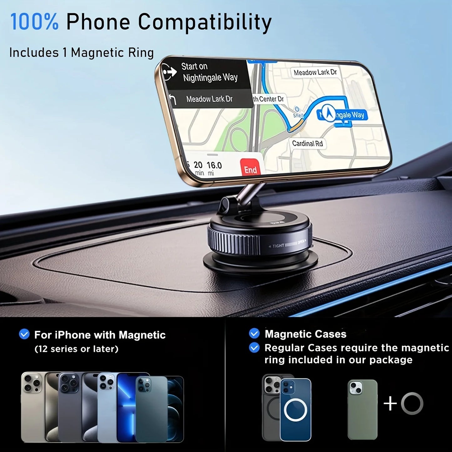 Vacuum Magnetic Suction Cup Phone Mount for Car/Gym/Mirrora/Smooth Surface/Bathroom Mirror,360° AdjustablePhoneHolderfor iPhone. - Shoppiline
