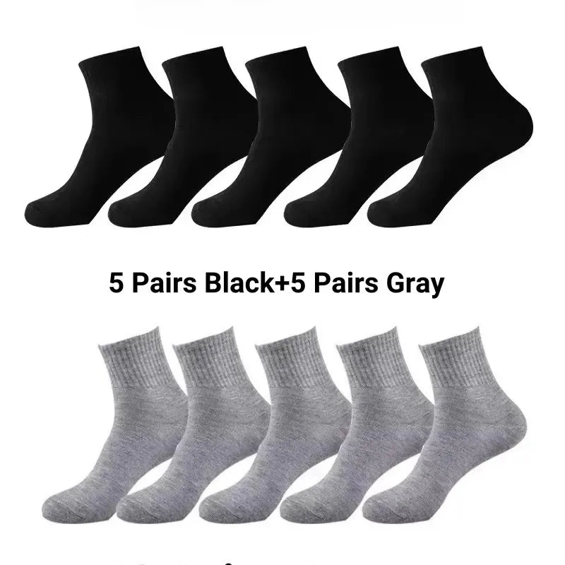 10 Pairs Men‘s Solid Color Mid-Calf Socks Breathable Comfort Sports Casual Work Socks White Black All Seasons EU 37-44 US 6-12