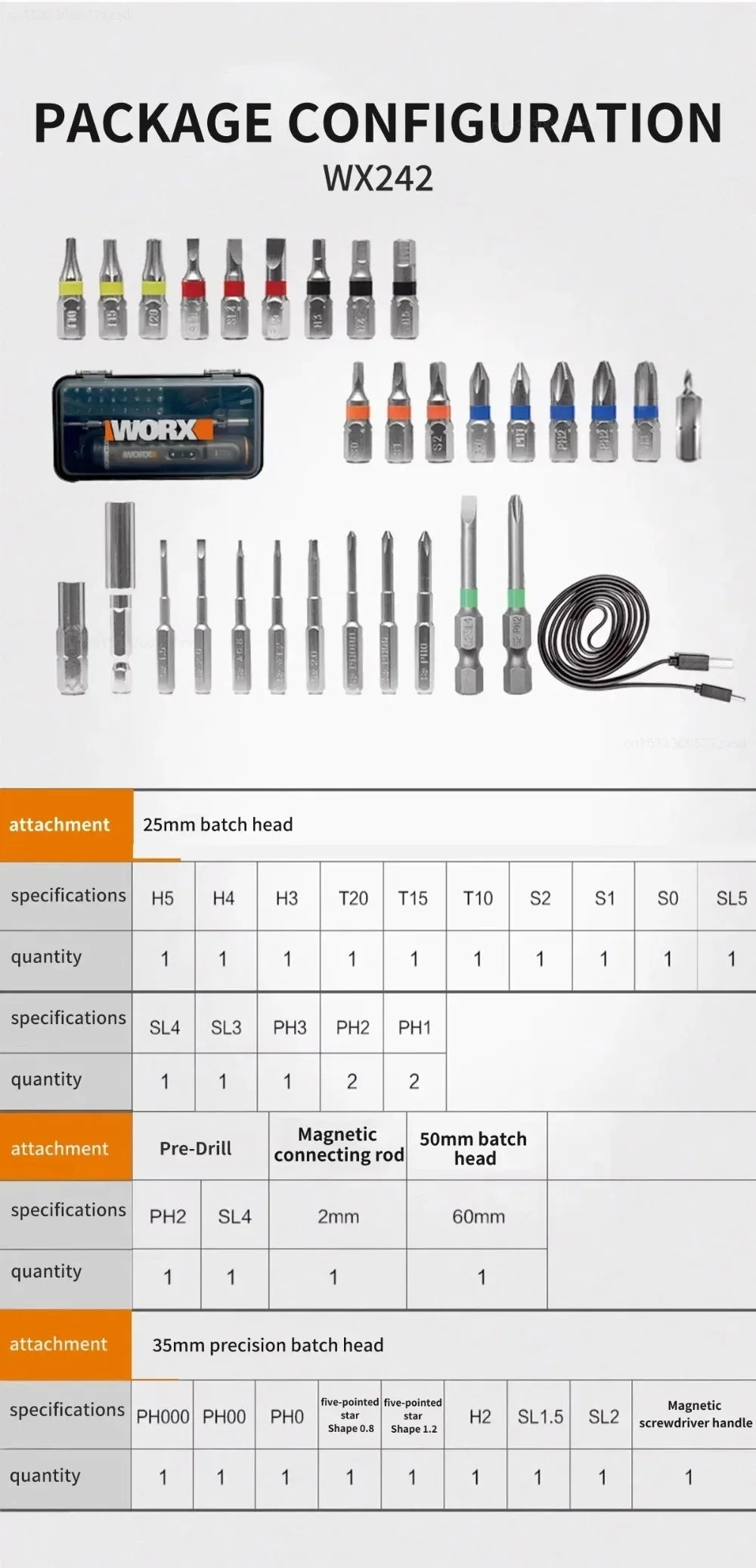 Worx 30 Bit Sets Power Tools WX242 Electrical Screwdriver Set Smart Cordless Drill Screwdrivers USB Rechargeable Set Home Repair - Shoppiline