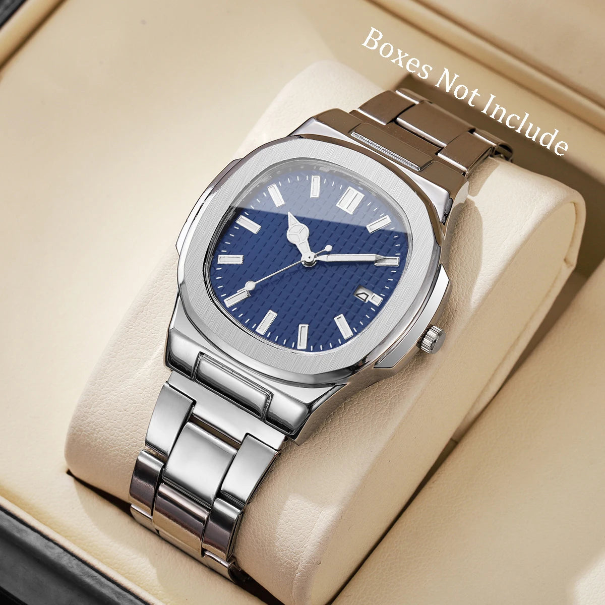 Luxus Herren Business Uhren Mode Quadratisches Zifferblatt Edelstahlarmband Quarzuhr mit Kalender für Herrenuhr (Ohne Box)