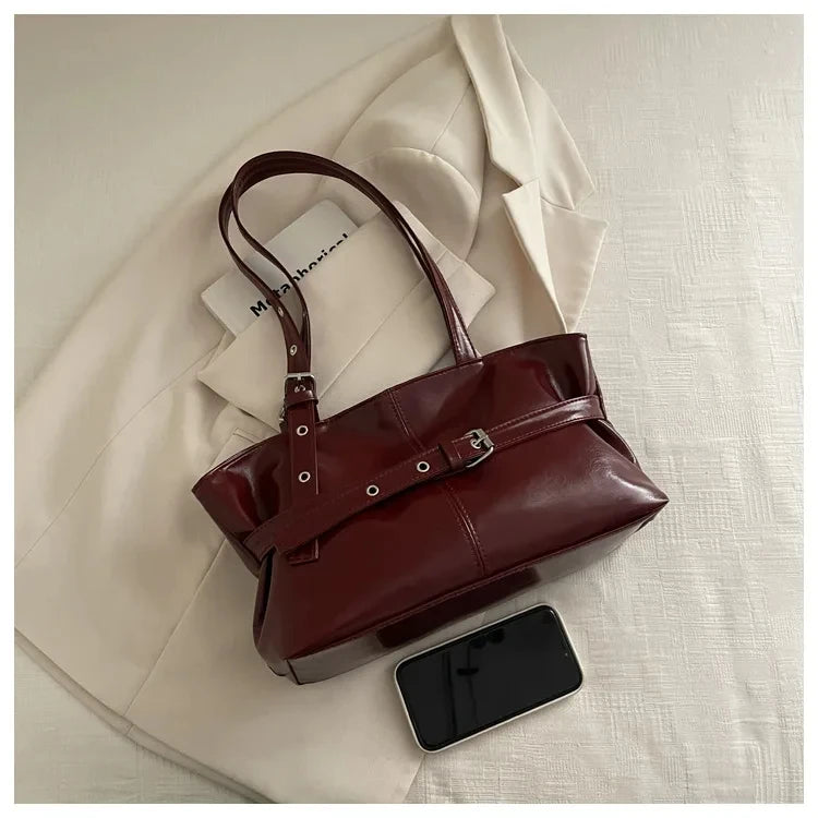 Solid-color Versatile Tote Bag for Women High-quality Suede Buckle-designed Bucket Commuter Bag