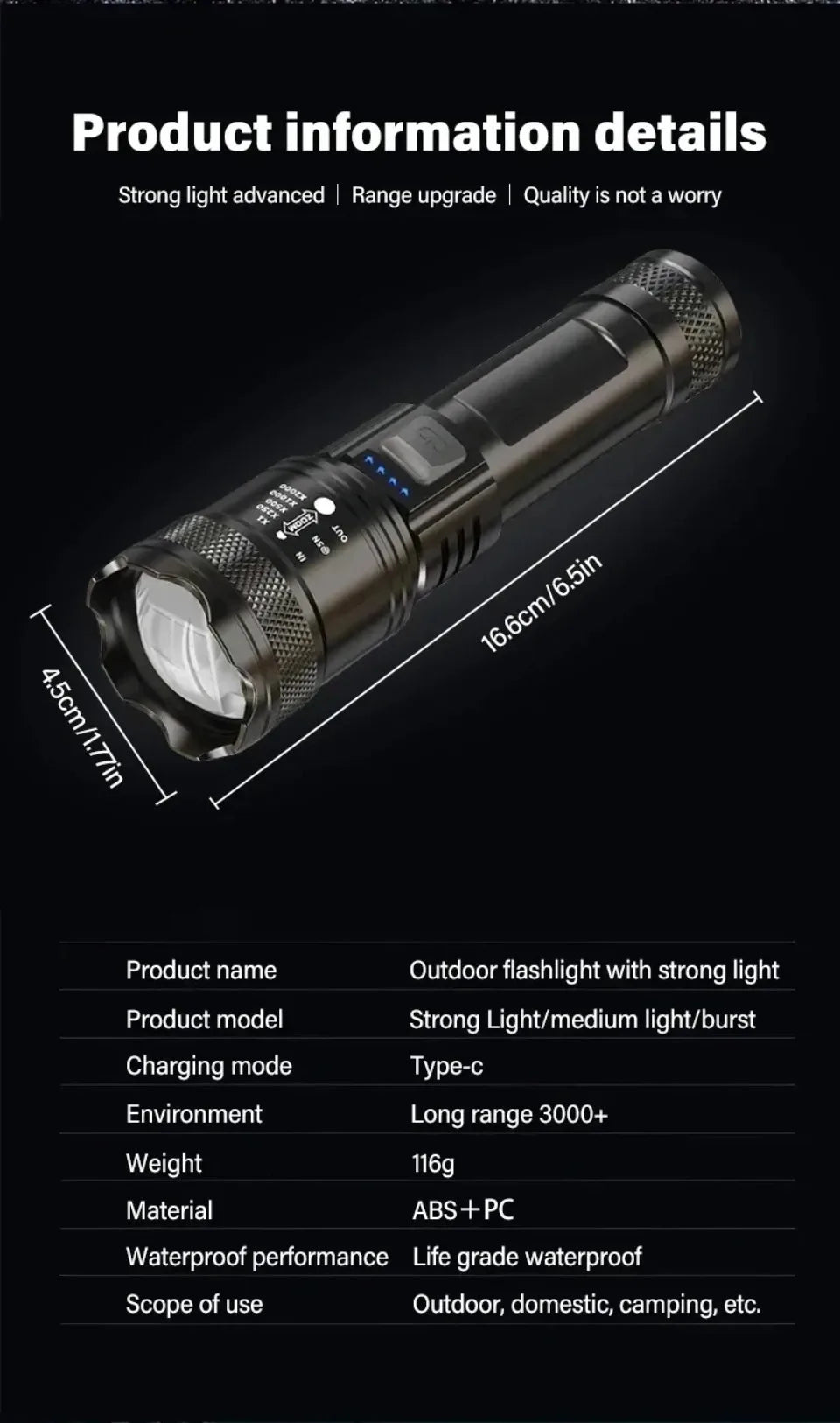 Powerful P70 LED Flashlight Ultra Bright 5000LM Tactical Light with Telescopic Zoom Emergency Spotlight Built-in Battery