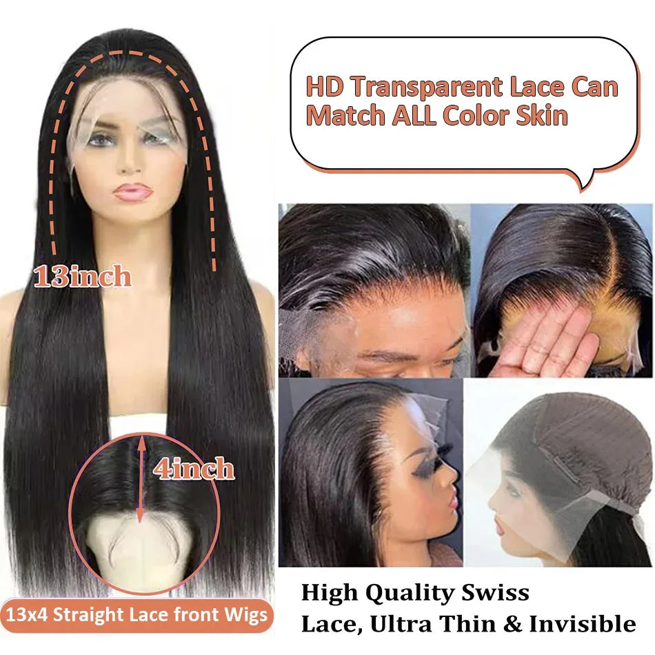 Perruques brésiliennes de cheveux humains à lacet frontal, 250 densité 13x4 13x6, transparentes, lisses, 30 40 pouces, pour femmes