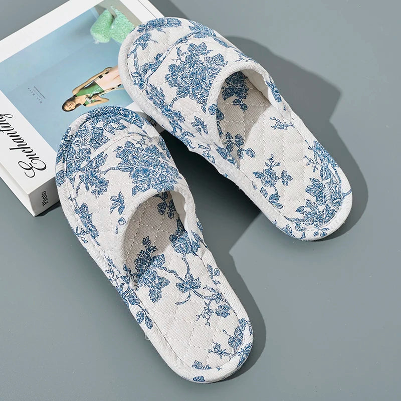 Home Slippers Soft Cotton Floral Floor Shoes Fashion Lightweight Slippers Antislip Indoor Slippers Bedroom Couple Slippers