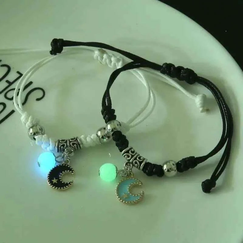 2PC Fashion Luminous Beads Star Couple Bracelet for Women Men Charm Cat Flower Heart Moon Love Matching Friend Bracelet Jewelry