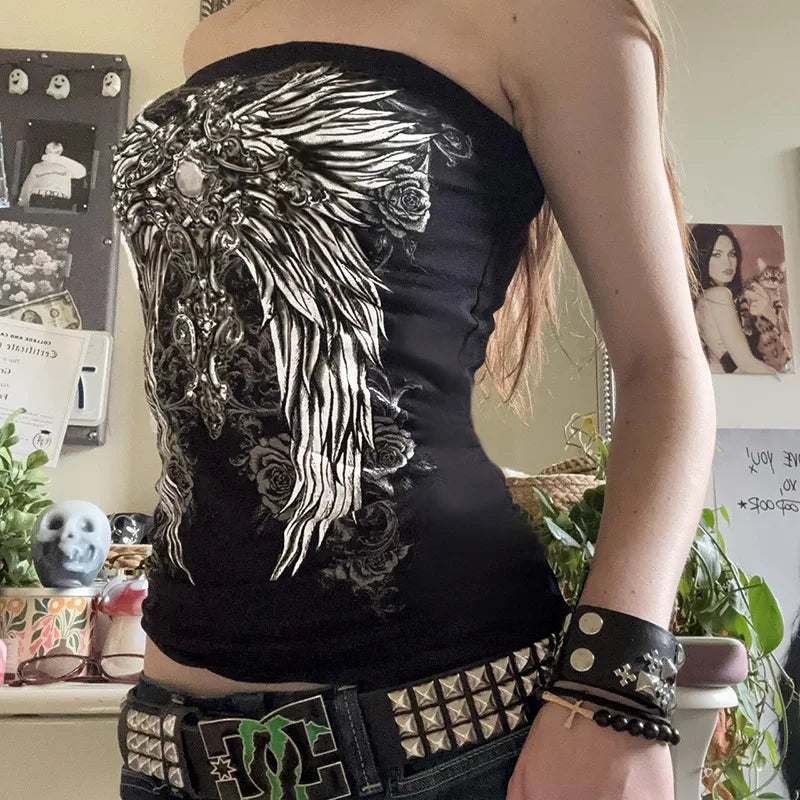 Gothic Print Black Strapless Tube Top Women Skinny Cropped Summer Casual Chic Graphic Tee Y2K Streetwear Basic Vest