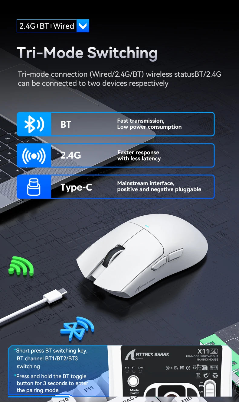 Attack Shark X11  X11SE Wireless Gaming Mouse 3-Mode , PAW3311, 22000DPI, 400IPS, PC Gaming Mouse