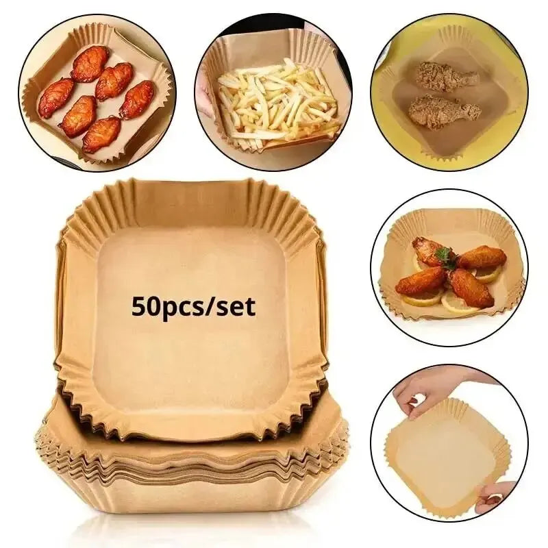 50 Stück Heißluftfritteusen-Einwegpapier Antihaft Heißluftfritteusen-Backpapier Rund Heißluftfritteusen-Papiereinlagen Küchenzubehör aus Papier