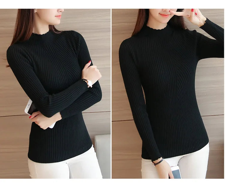 2026 Autumn Women Mock Neck Ruffles Sweater Long Sleeve Knitted Bottoming Solid Pullovers Stripe Women Casual Sweater Winter