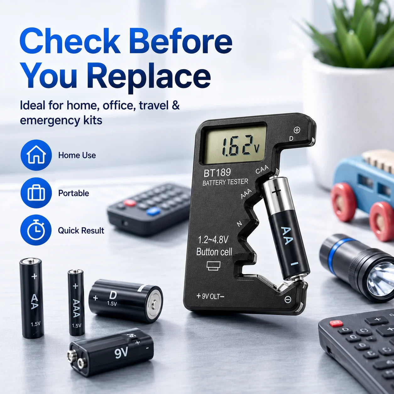 BT189 Digital Battery Tester LCD Voltage Checker for AA AAA C D 9V Button Cell Household Portable Power Measuring Tool Analyzer