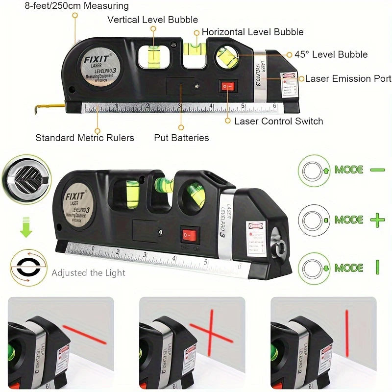 HOMEFISH Easy to Use Laser Level Line Tool Multipurpose Laser Level Kit Standard Cross Line Lase 8 Feet Measure Tape Ruler - Shoppiline