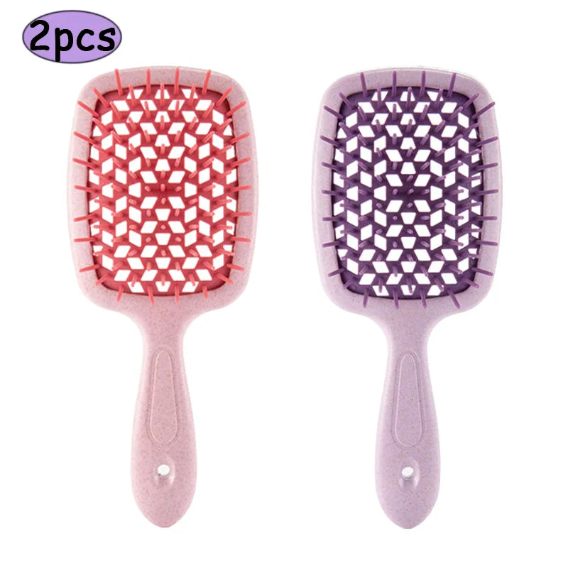 2Pcs Professional Detangling Hair Brush & Comb Set Hollow Out Anti-static Scalp Massage Hairbrush for Wet Dry Hair Styling