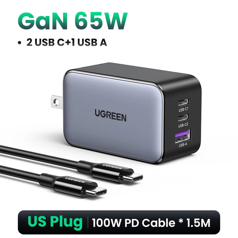 UGREEN 65W GaN Charger Quick Charge 4.0 3.0 USB C Charger for iPhone 17 16 15 Pro Max Laptop Macbook Air Tablet PD Fast Charger - Shoppiline